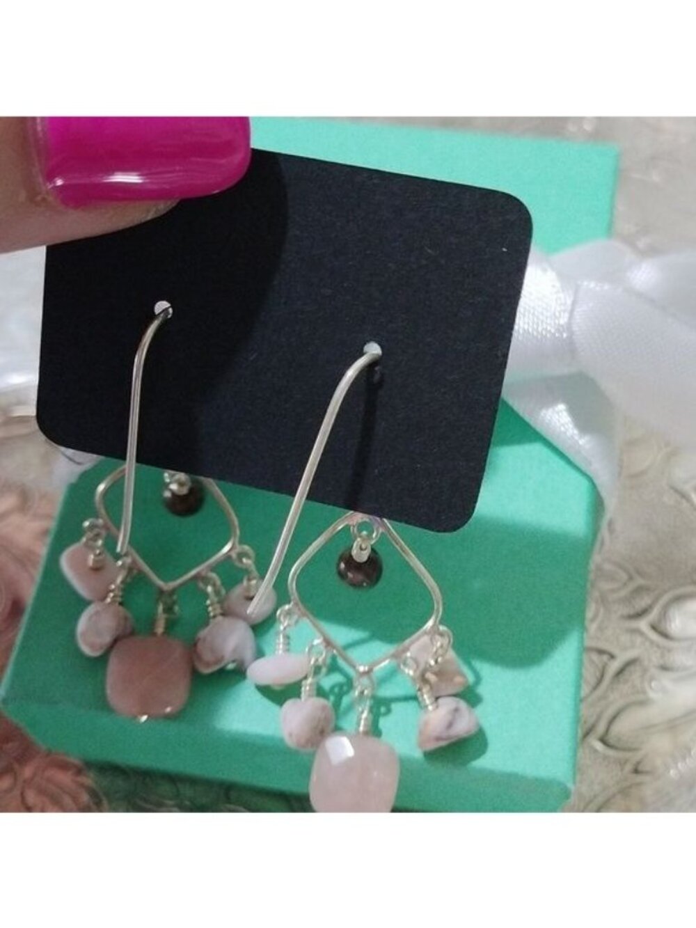 Artisan Sterling Silver+ Rose Quartz Chandelier Earrings on Long French Hooks - Picture 3 of 4
